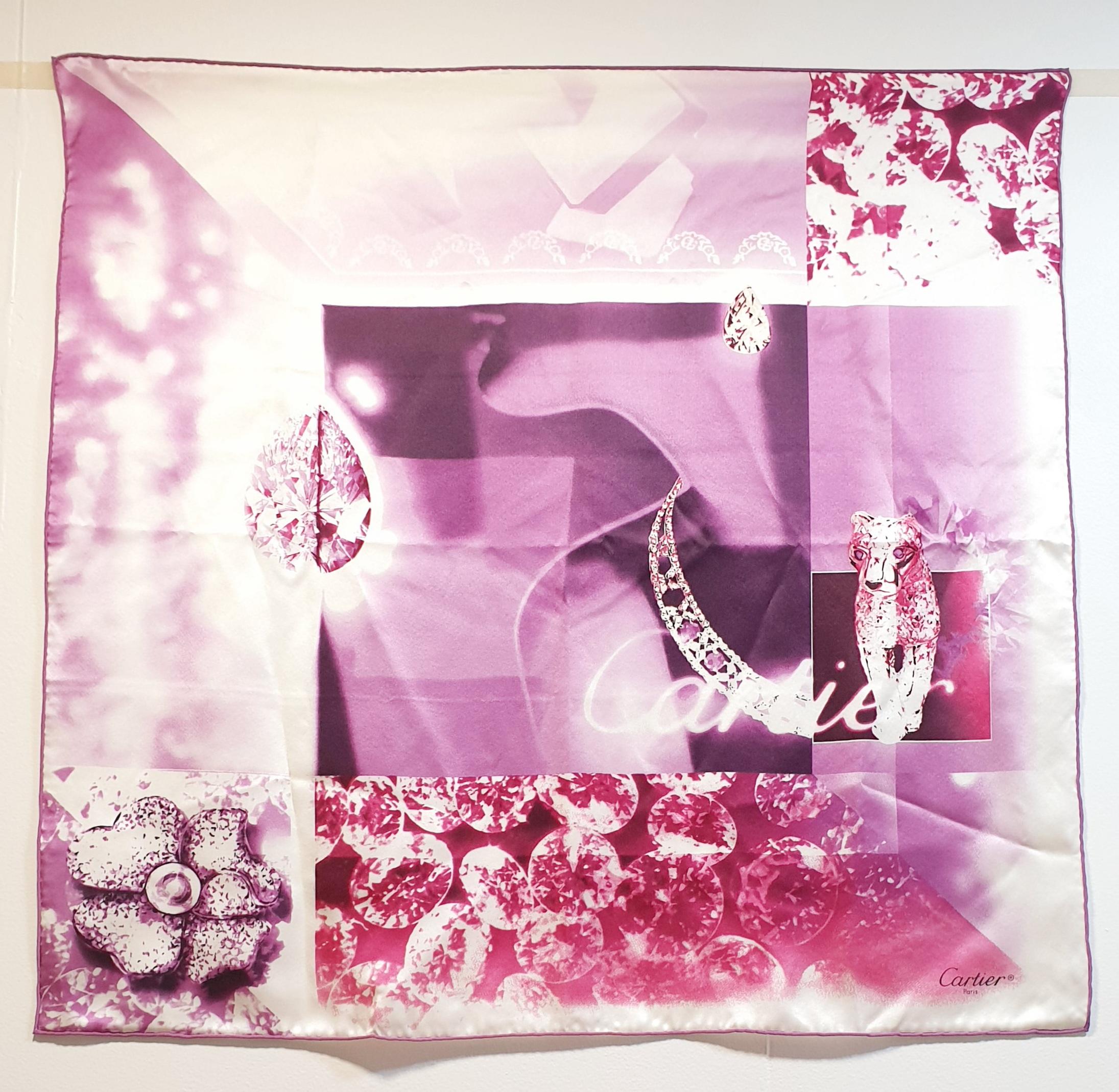 Cartier pink Panther Garden silk  70x70 square scarf
New Never used rest of boutique stock
 Dark pink Panther Garden silk twill square scarf
 Dimensions: 70 cm x 70cm / 27.55 x 27.55 inches 

The Cartier Panther is a symbol and icon that defines the
