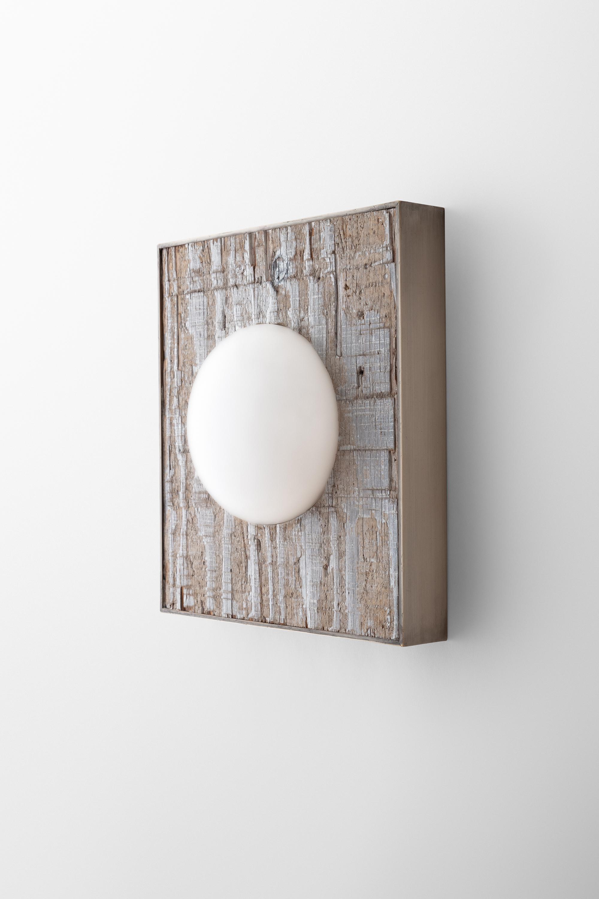 Modern Square Sconce, Blown Glass Embedded in Reclaimed Wooden Board, Limited Edition For Sale