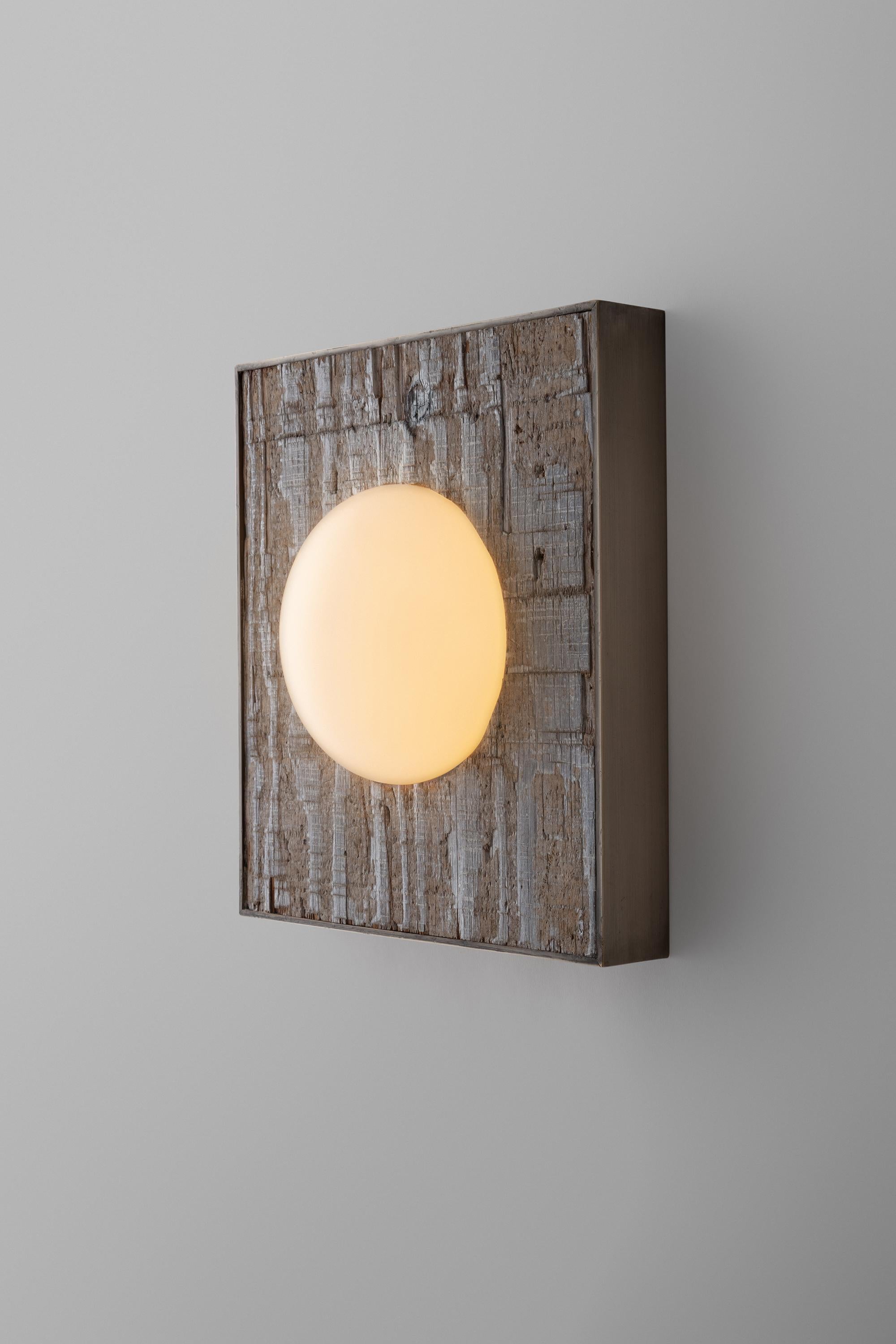 North American Square Sconce, Blown Glass Embedded in Reclaimed Wooden Board, Limited Edition For Sale
