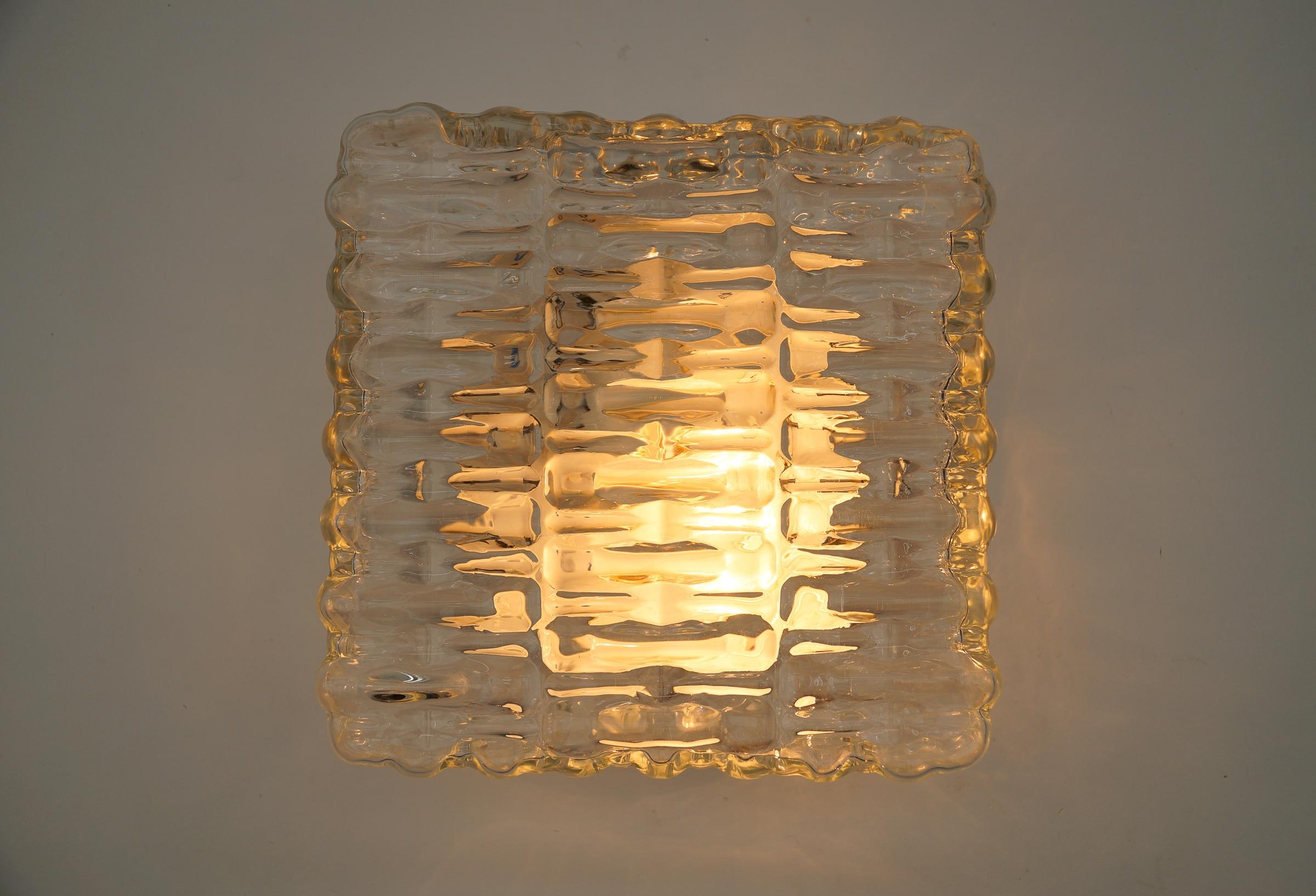 Metal Square Sctructered Heavy Glass Flush Mount Light or Wall Lamp, 1960s For Sale
