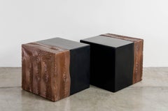 Square Seat with Woodgrain Design, Black Lacquer, Copper, Set of 2 by Robert Kuo