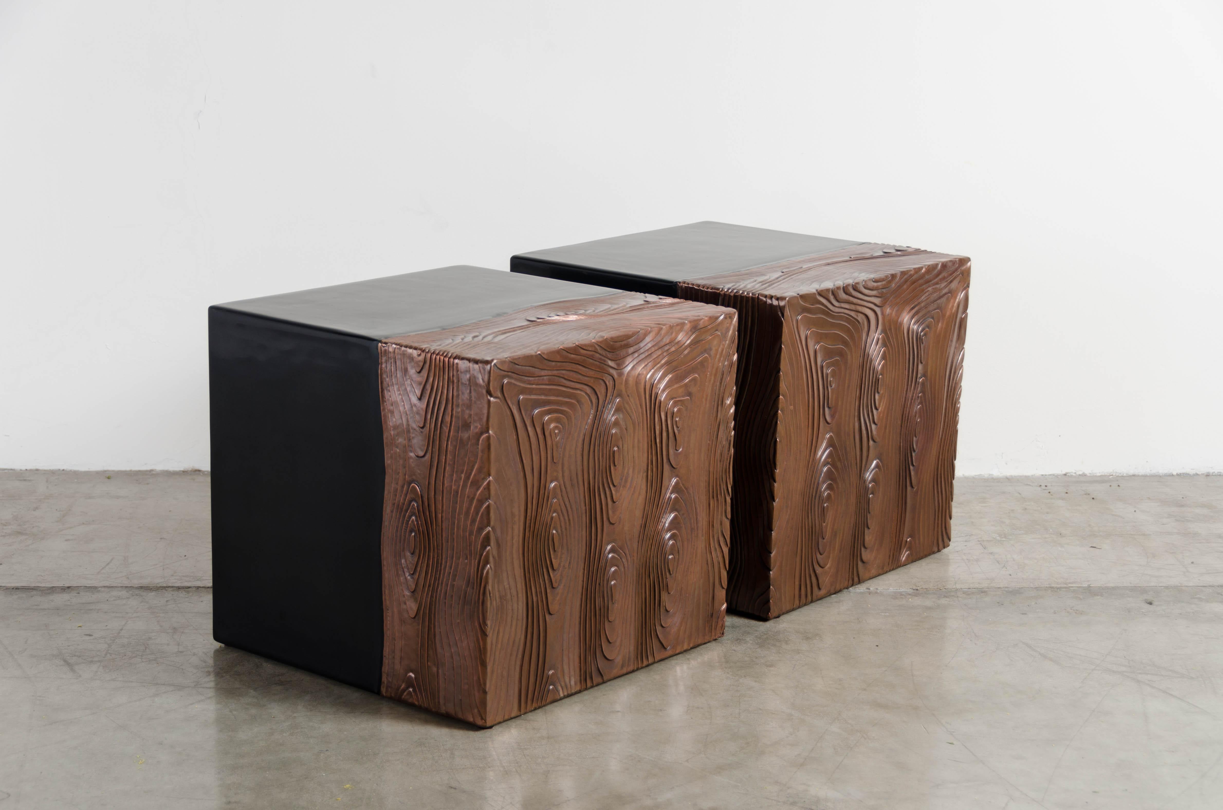 Repoussé Square Seat with Woodgrain Design, Black Lacquer, Copper, Set of 2 by Robert Kuo For Sale