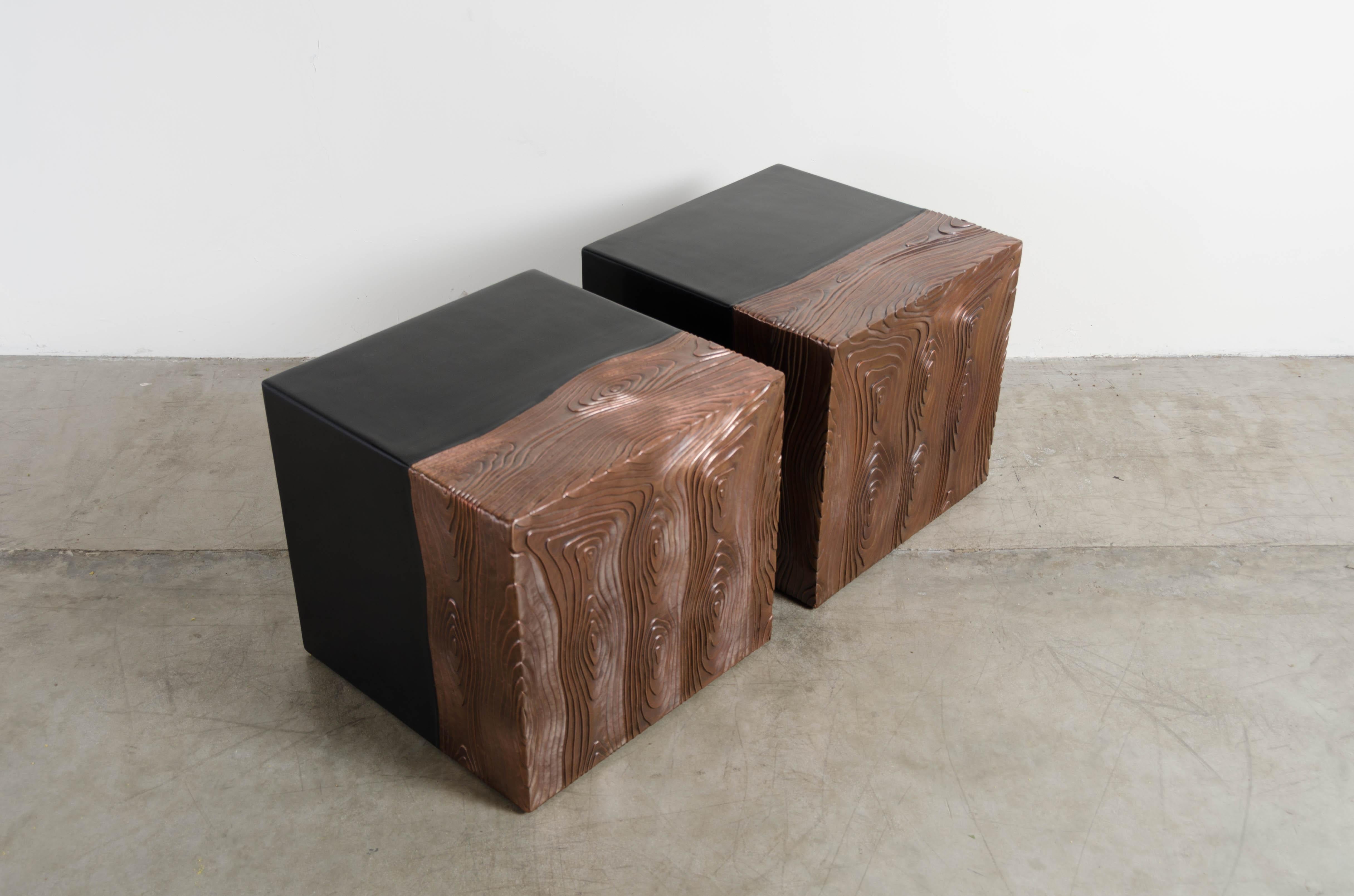 Square Seat with Woodgrain Design, Black Lacquer, Copper, Set of 2 by Robert Kuo In New Condition For Sale In Los Angeles, CA