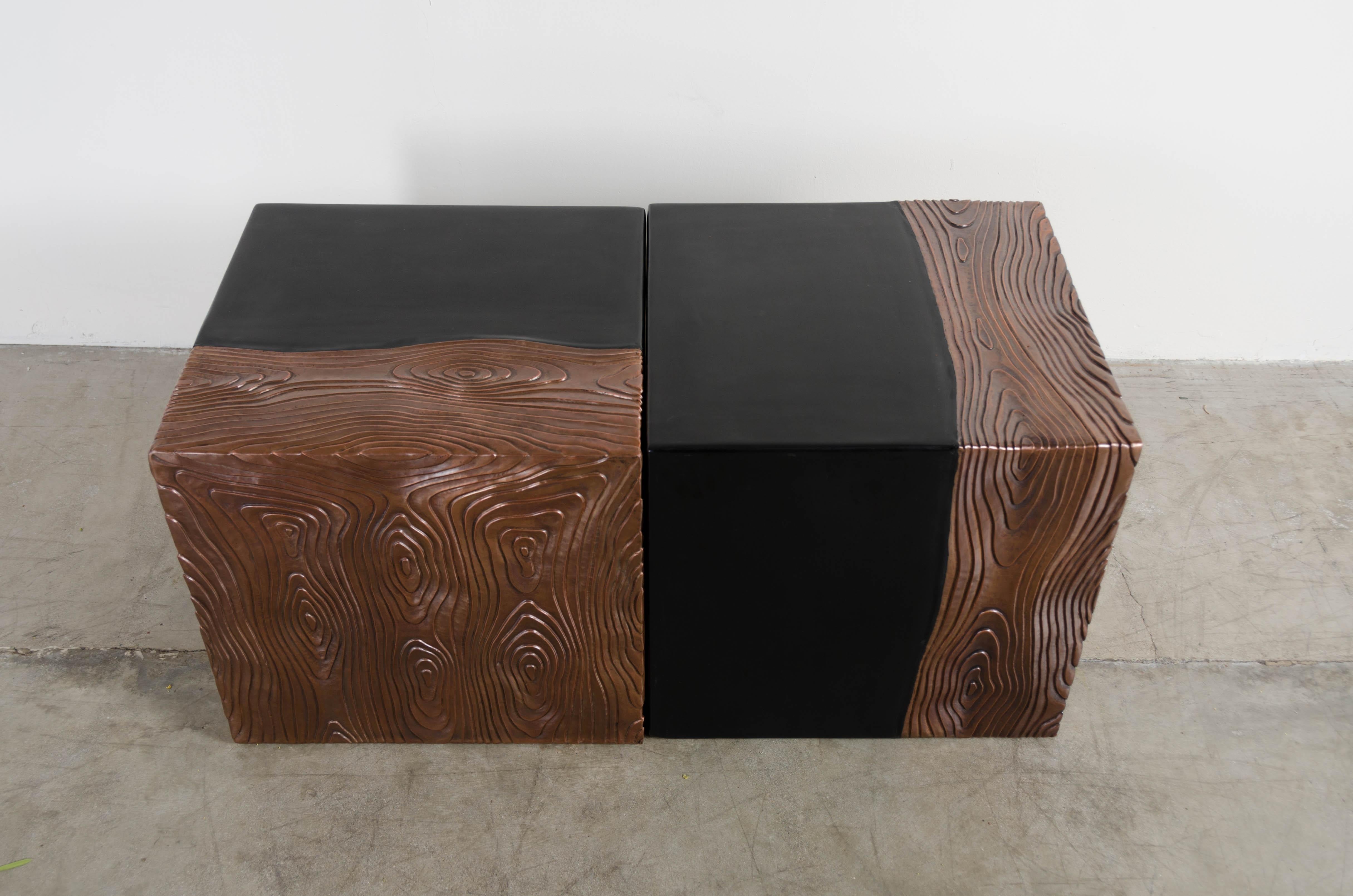 Square Seat with Woodgrain Design, Black Lacquer, Copper, Set of 2 by Robert Kuo For Sale 3
