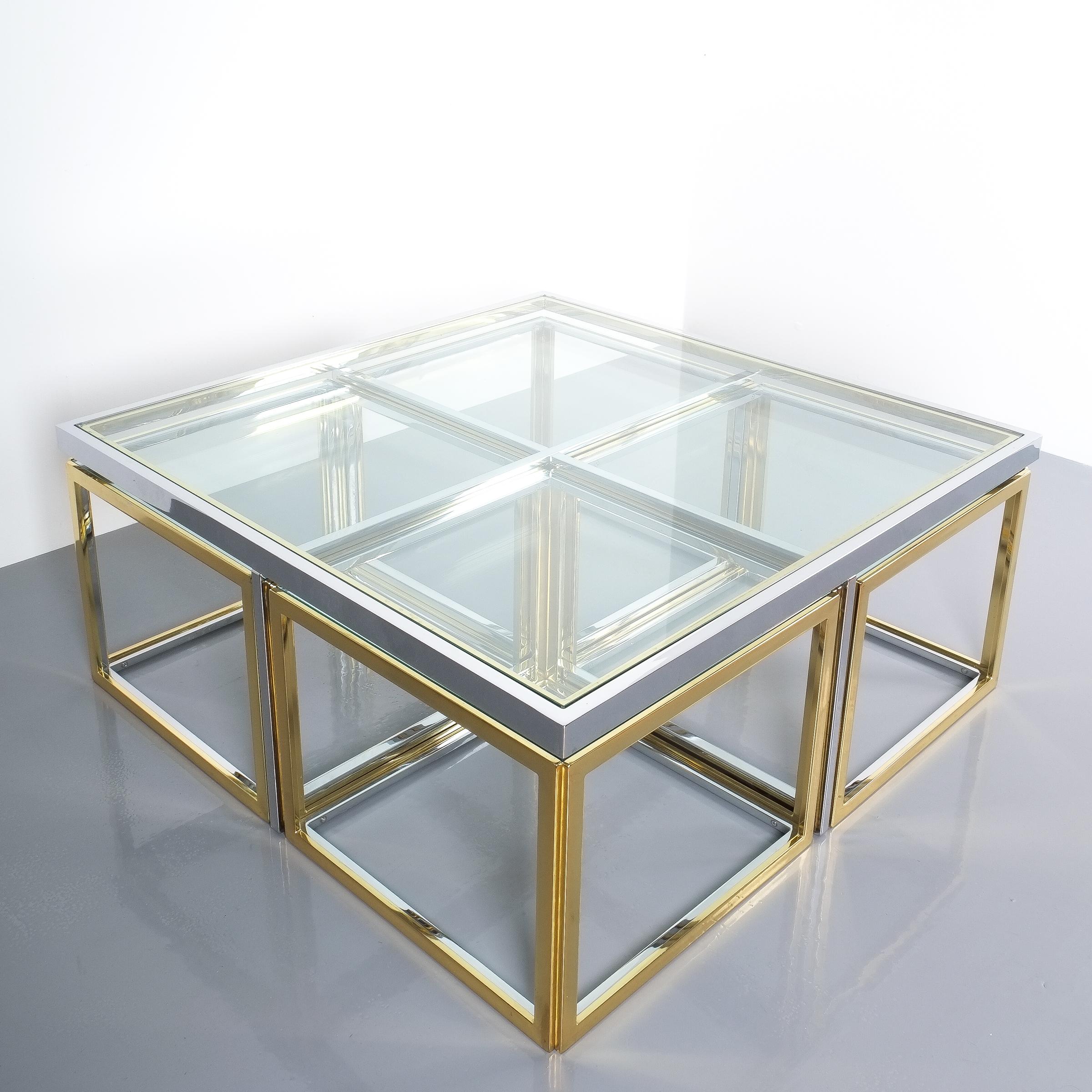 Square Segment Bicolor Brass Glass Coffee Table by Maison Charles, France, 1975 3