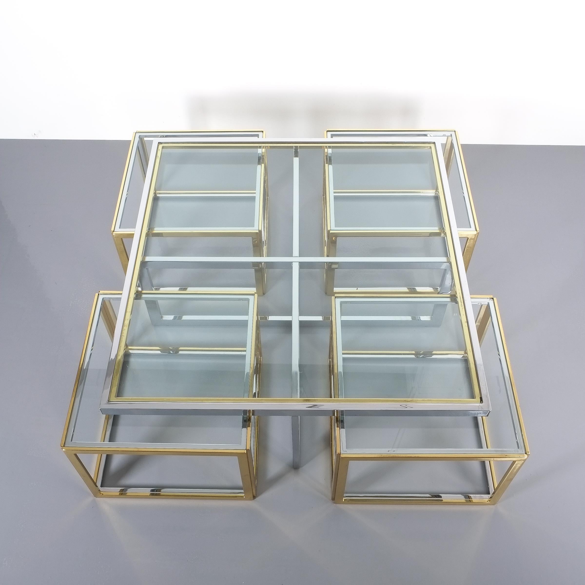 Hollywood Regency Square Segment Bicolor Brass Glass Coffee Table by Maison Charles, France, 1975