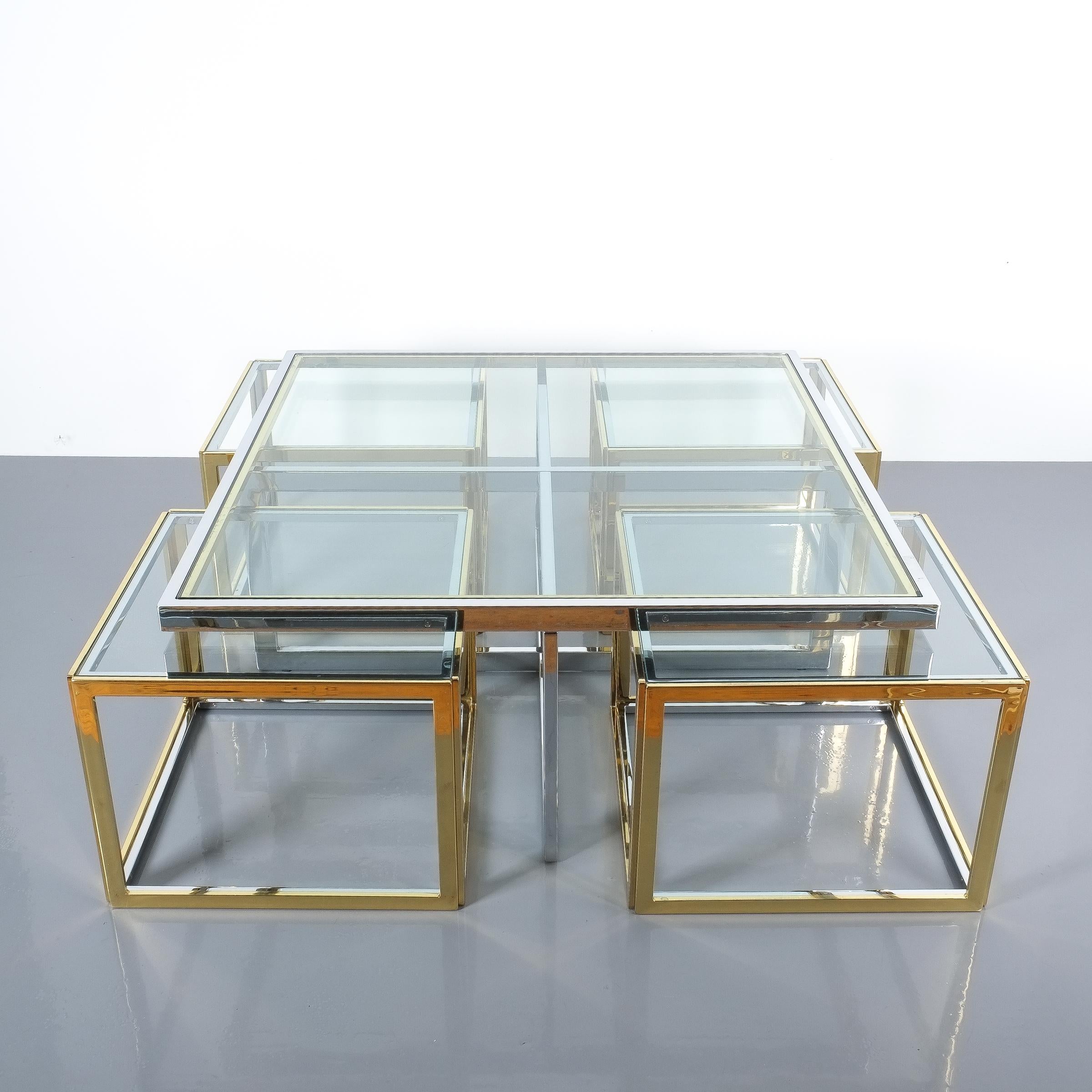French Square Segment Bicolor Brass Glass Coffee Table by Maison Charles, France, 1975