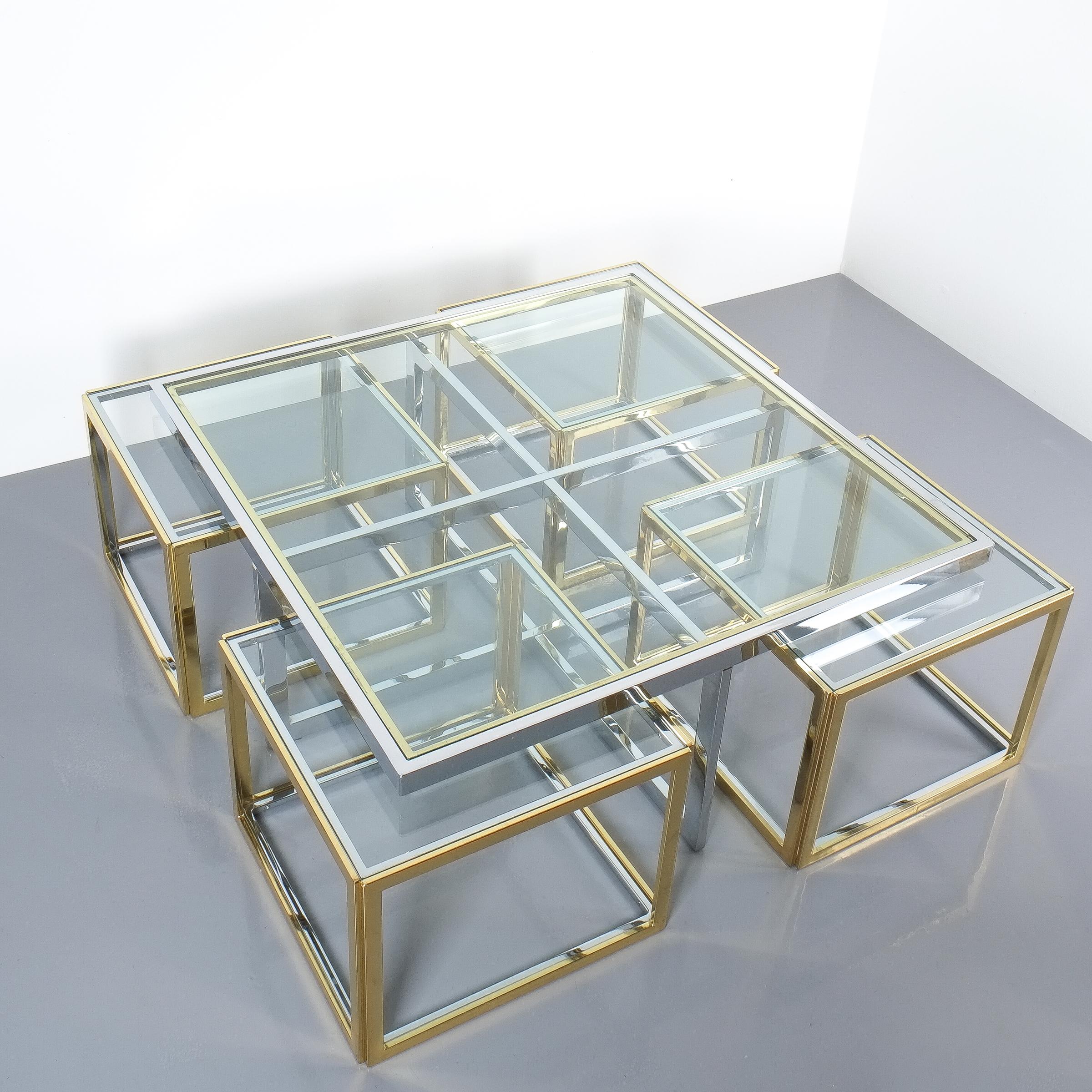 Square Segment Bicolor Brass Glass Coffee Table by Maison Charles, France, 1975 In Good Condition In Vienna, AT
