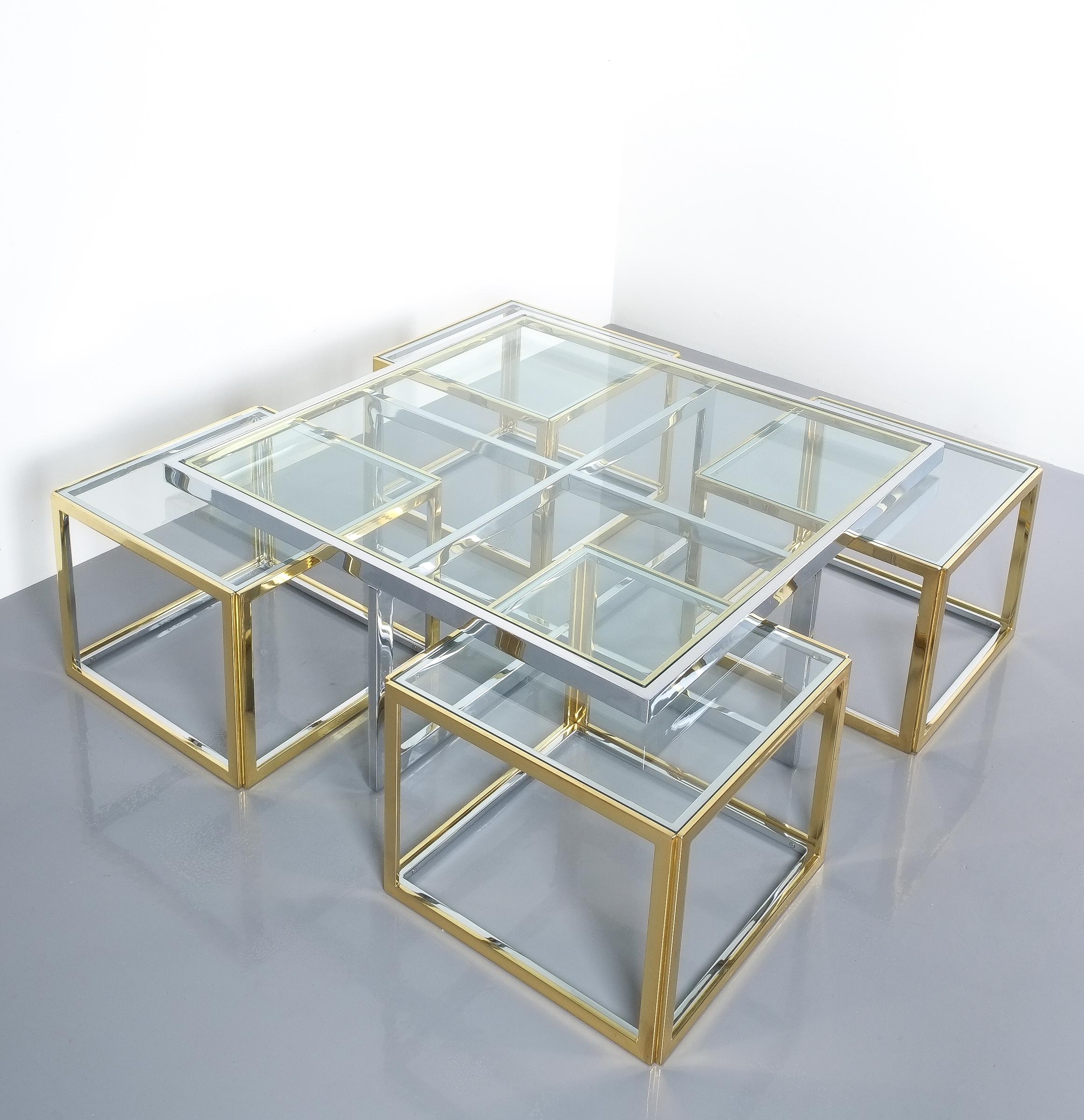 Late 20th Century Square Segment Bicolor Brass Glass Coffee Table by Maison Charles, France, 1975