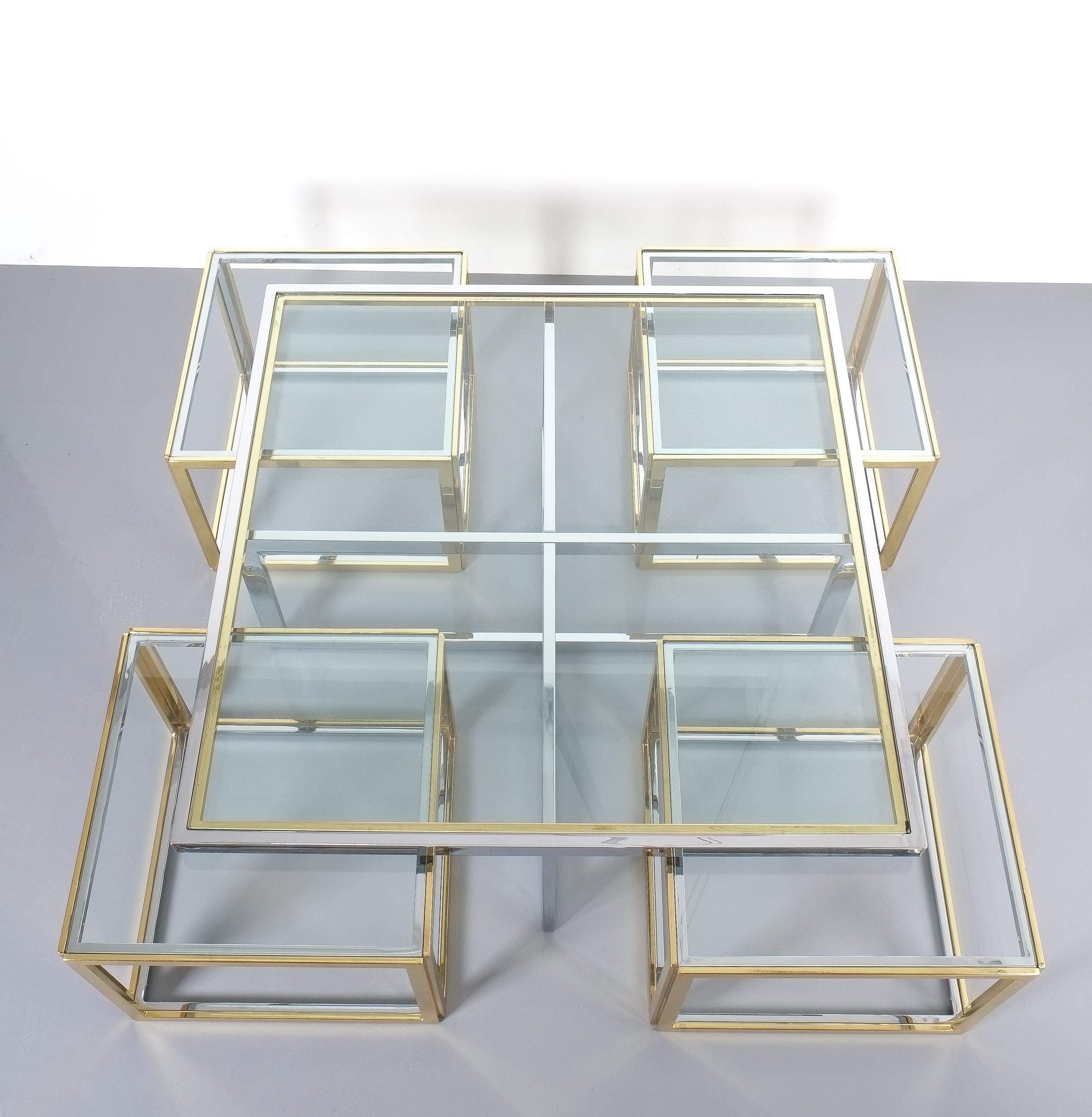 Chrome Square Segment Bicolor Brass Glass Coffee Table by Maison Charles, France, 1975