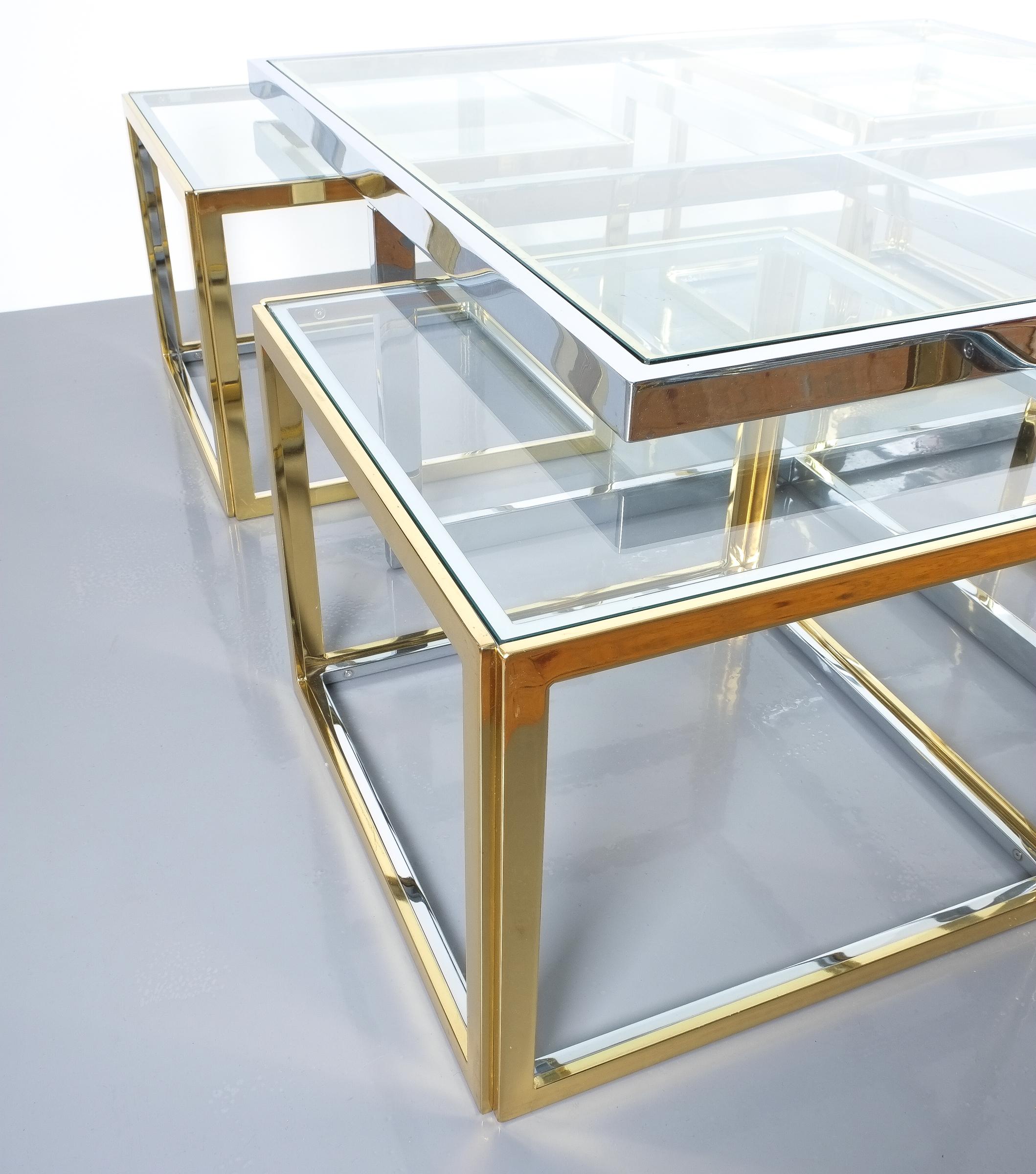 Square Segment Bicolor Brass Glass Coffee Table by Maison Charles, France, 1975 1