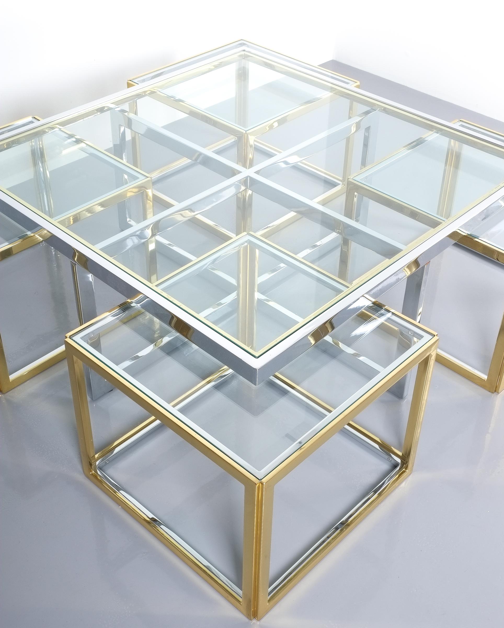 Square Segment Bicolor Brass Glass Coffee Table by Maison Charles, France, 1975 2