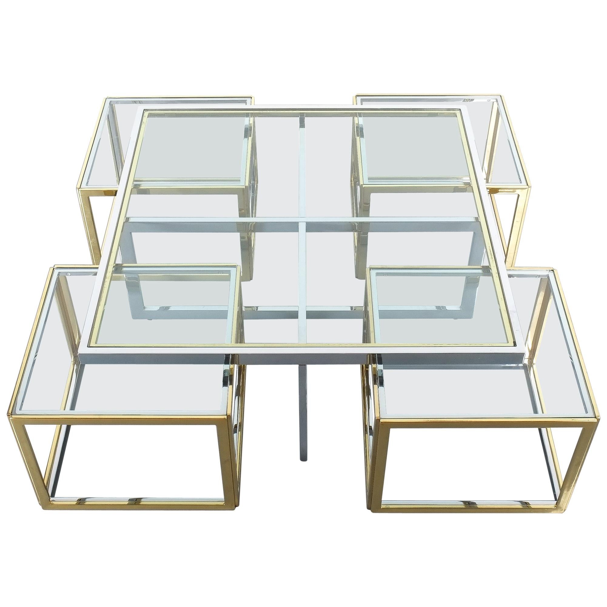 Square Segment Bicolor Brass Glass Coffee Table by Maison Charles, France, 1975