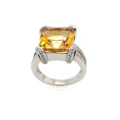 Square Shape 6.58ct Golden Citrine Ring with Round Diamonds in 14ct Gold