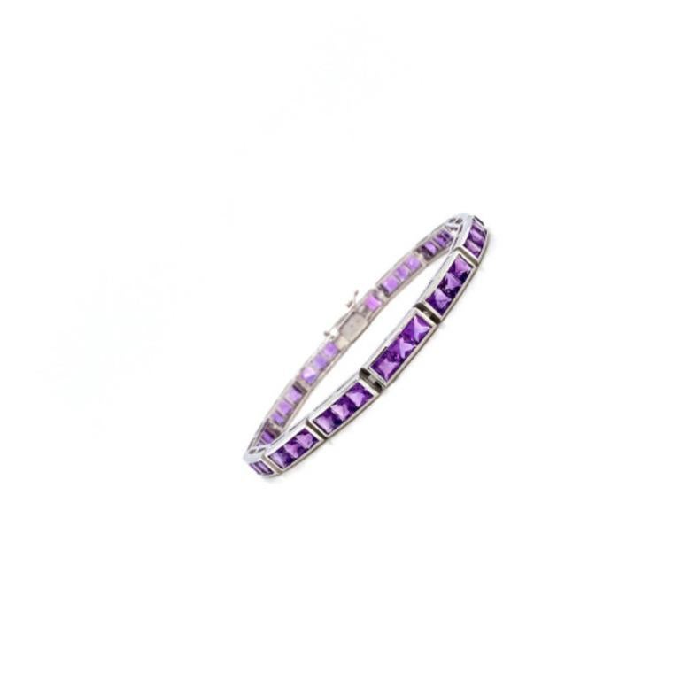 Art Deco Square Shape Amethyst Women Wear Tennis Bracelet for Her in 925 Sterling Silver For Sale