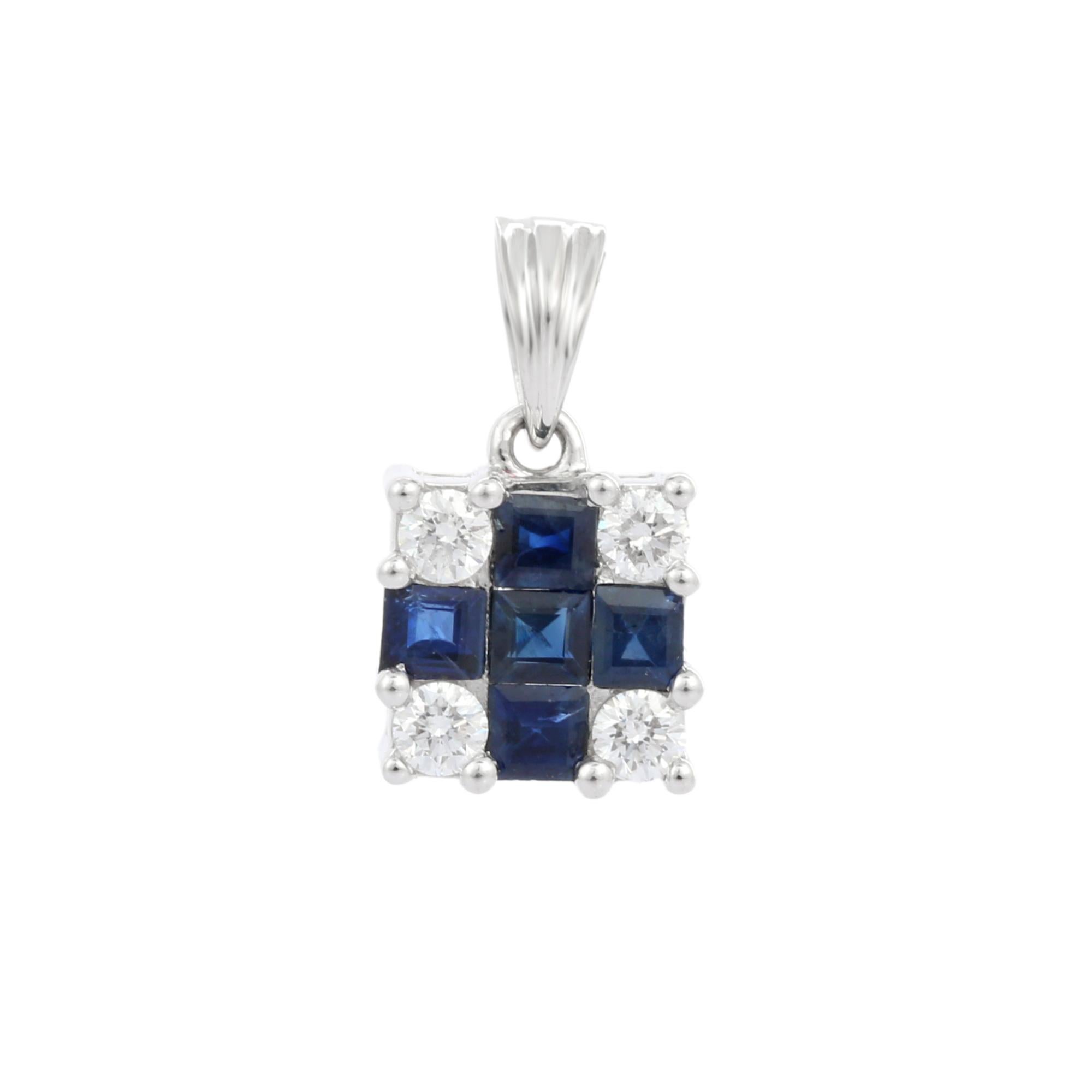 Natural Blue Sapphire and Diamond pendant in 18K Gold. It has square cut sapphires studded with diamonds that completes your look with a decent touch. Pendants are used to wear or gifted to represent love and promises. It's an attractive jewelry