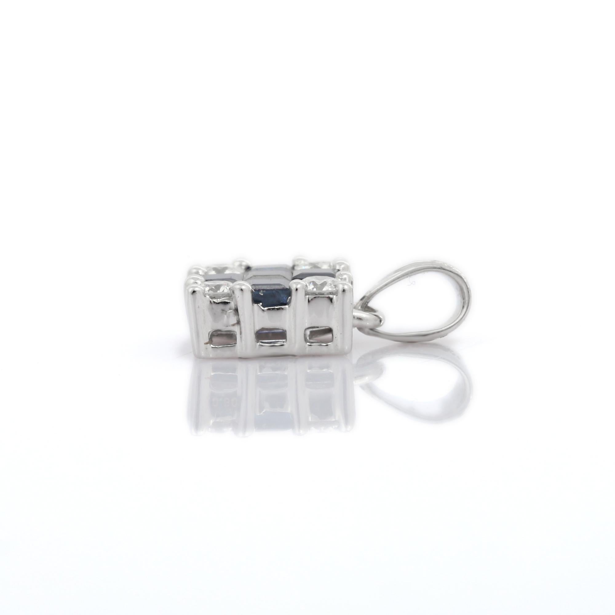 Artist Square Shape Blue Sapphire Charm Pendant in 18K White Gold with Diamonds  For Sale