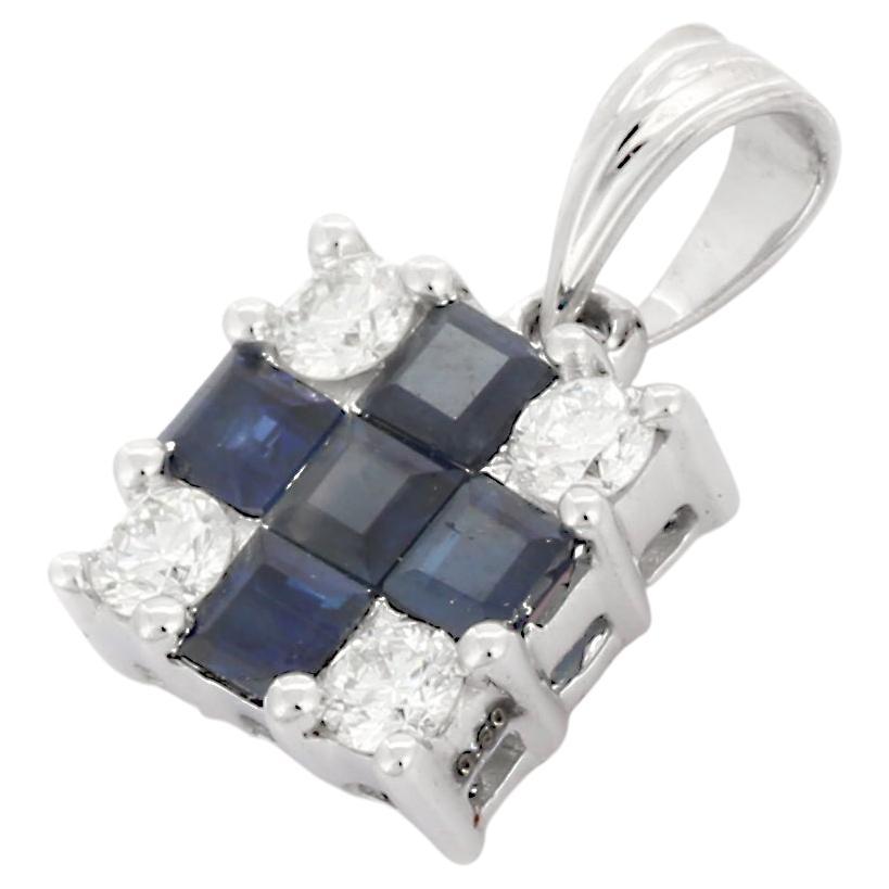 Square Shape Blue Sapphire Charm Pendant in 18K White Gold with Diamonds  For Sale