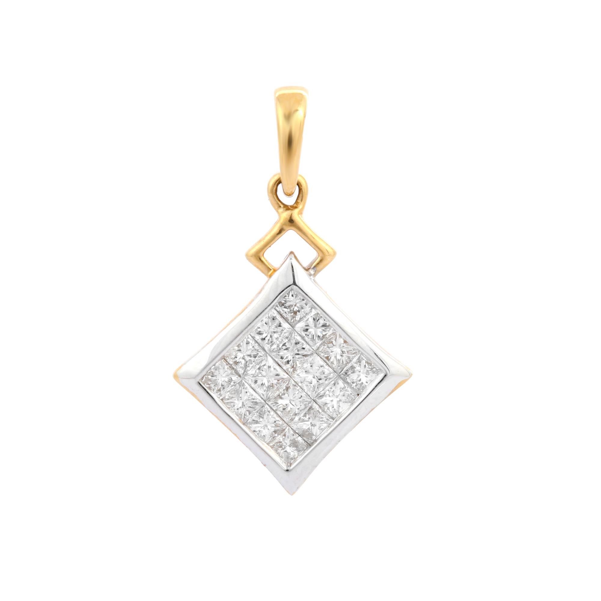 Artist Square Shape Diamond Pendant in 18K Yellow Gold For Sale
