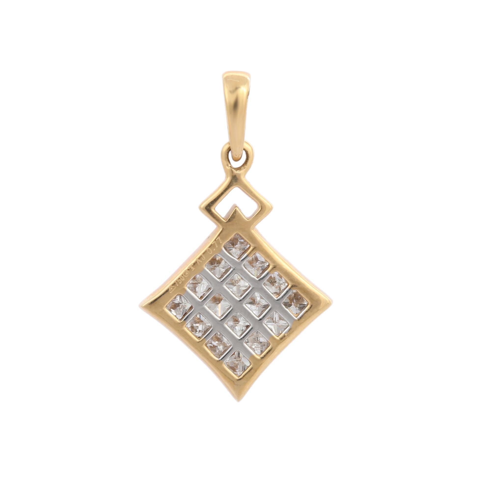 Square Cut Square Shape Diamond Pendant in 18K Yellow Gold For Sale