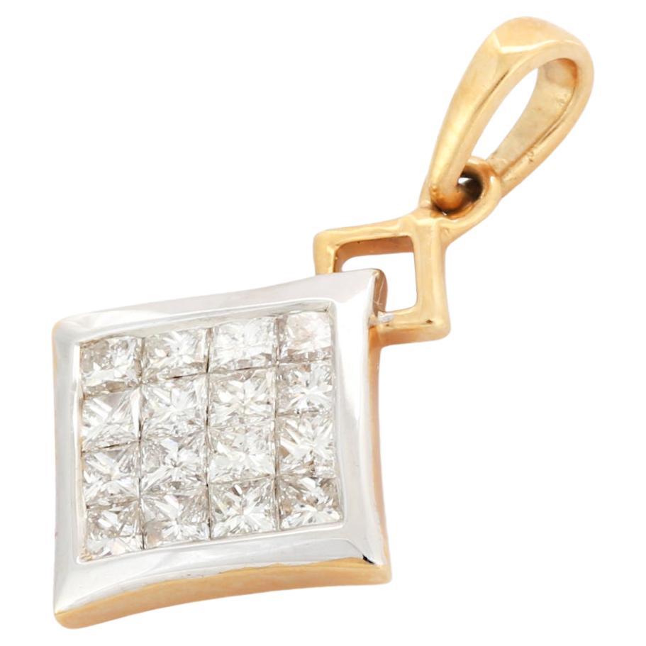 Square Shape Diamond Pendant in 18K Yellow Gold For Sale