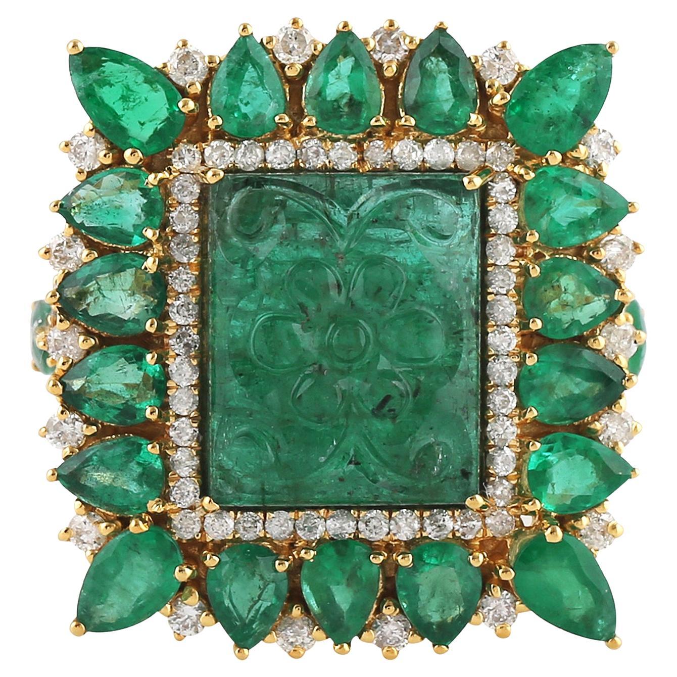 Square Shape Emerald Cocktail Ring with Diamonds Made in 18k Yellow Gold