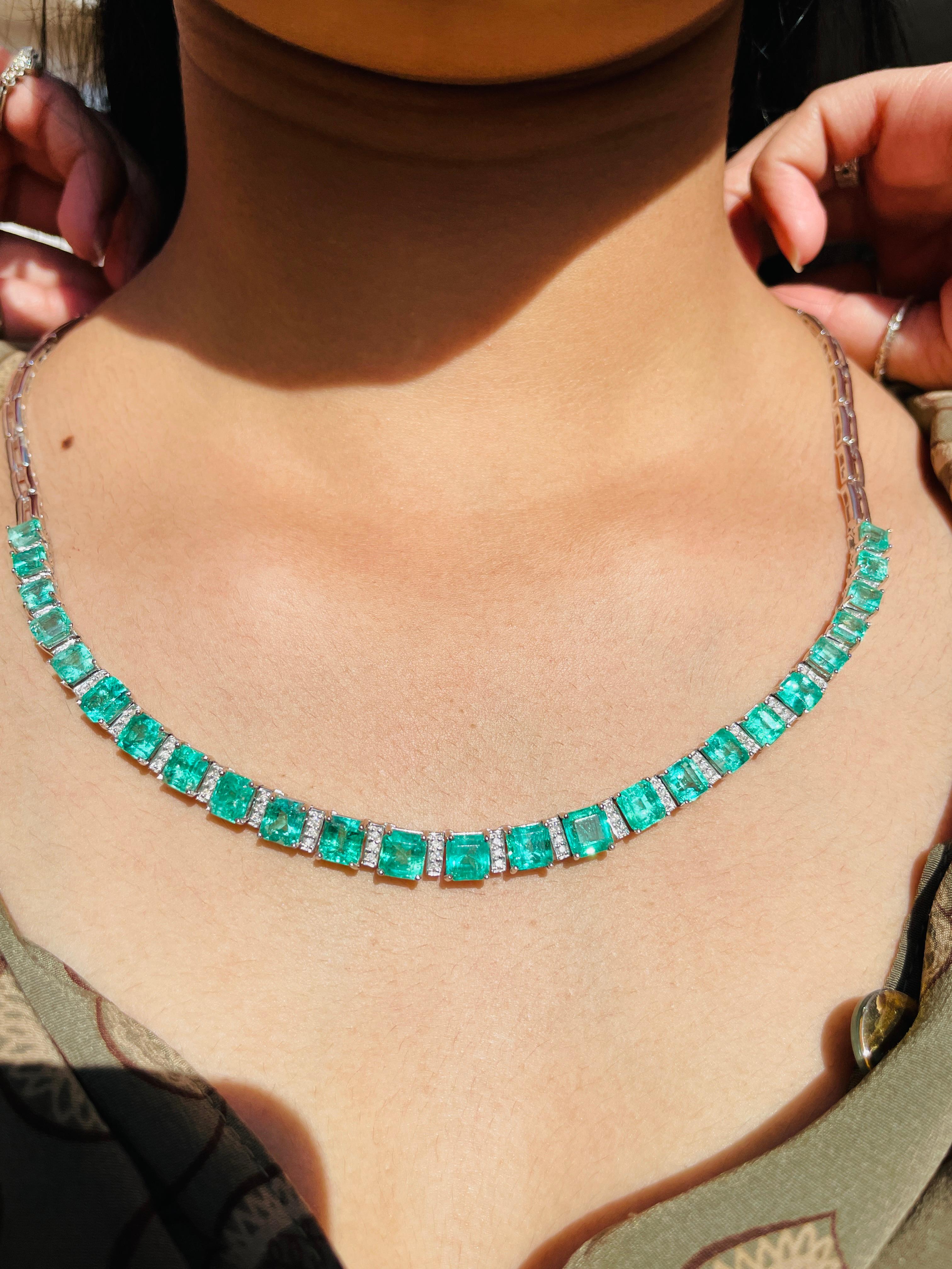 Emerald Necklace in 18K Gold studded with square cut emerald pieces and diamonds.
Accessorize your look with this elegant emerald beaded necklace. This stunning piece of jewelry instantly elevates a casual look or dressy outfit. Comfortable and easy
