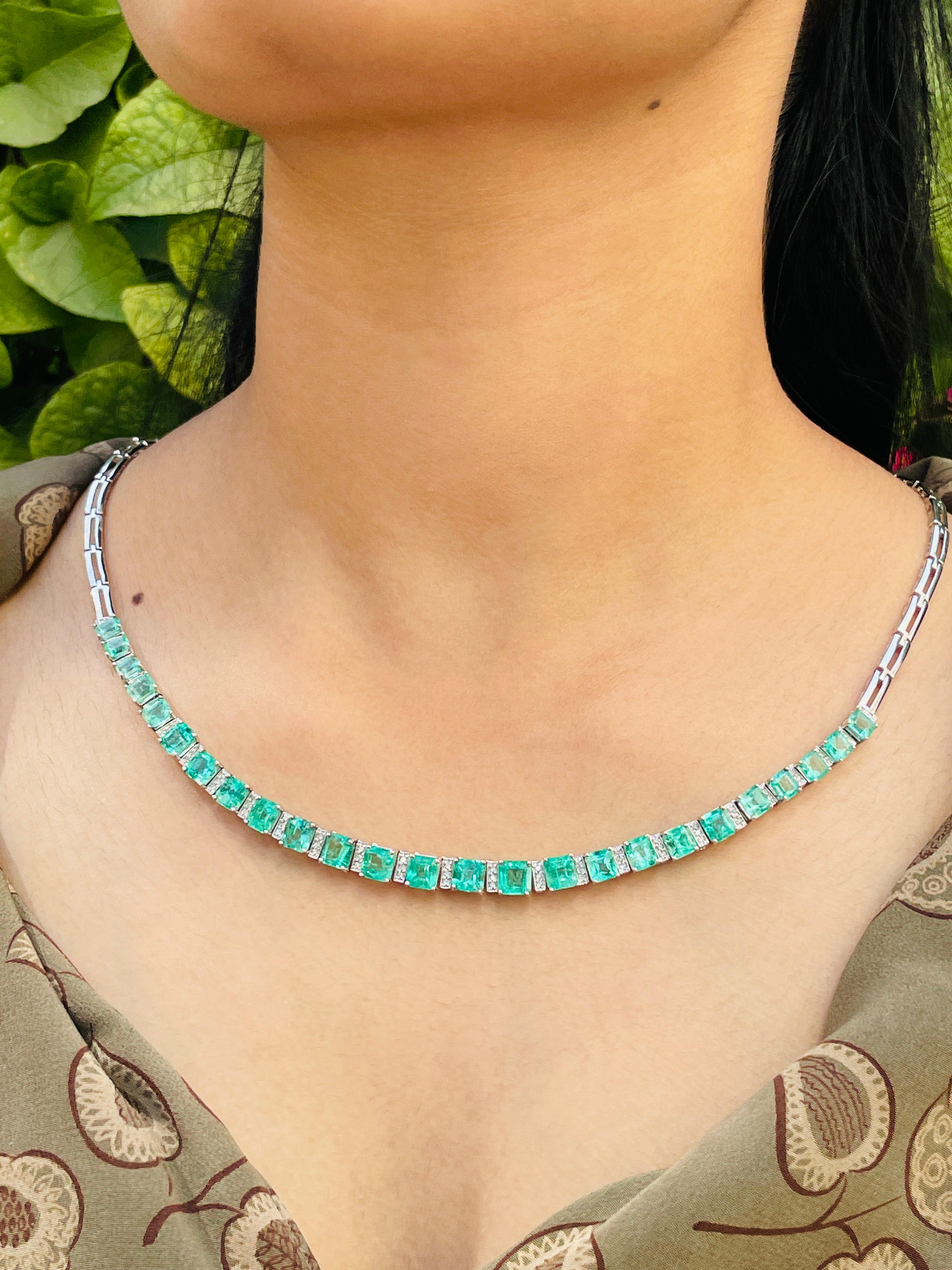 Modern Square Shape Emerald with Diamonds Necklace in 18 Karat White Gold For Sale