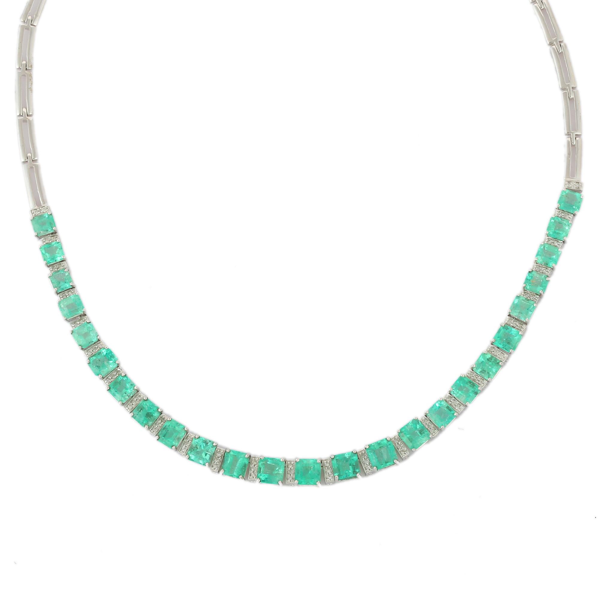 Square Cut Square Shape Emerald with Diamonds Necklace in 18 Karat White Gold For Sale