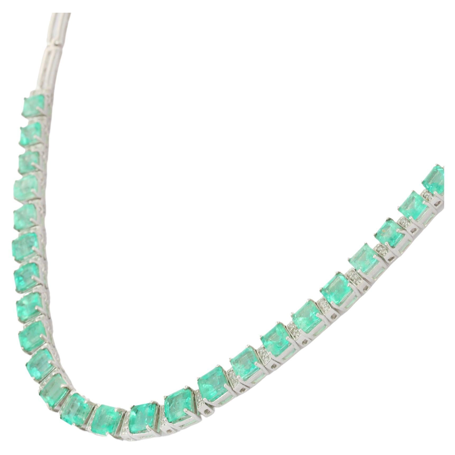 Square Shape Emerald with Diamonds Necklace in 18 Karat White Gold