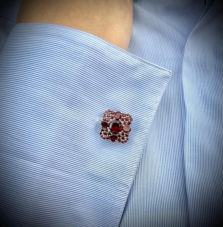Mixed Cut Square Shape Garnet Studded Cufflinks Made in 925 Sterling Silver
