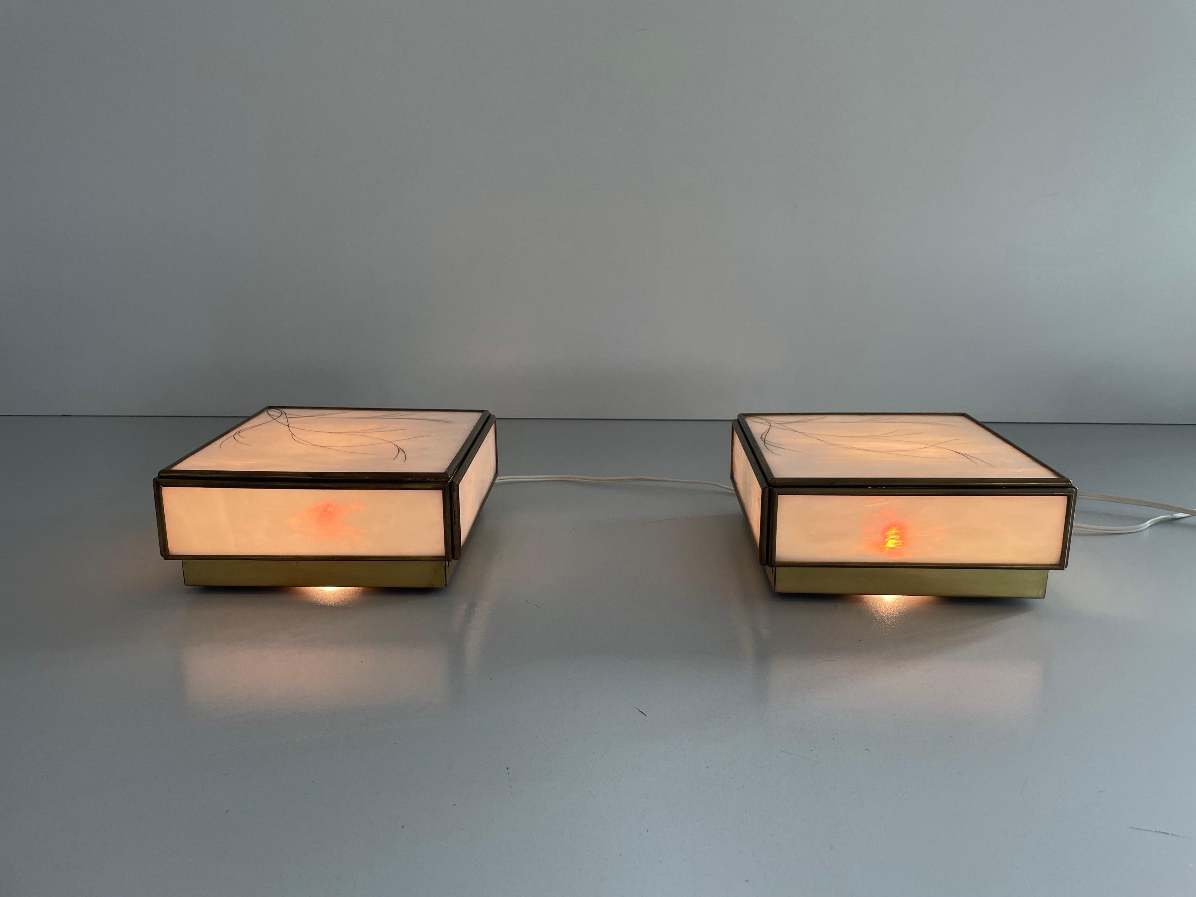 Square Shape Glass and Brass Pair of Wall Lamps, 1960s, Italy For Sale 8