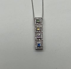 Square Shape Multi Color Sapphires Diamond Halo 14K White Gold Pendant Necklace