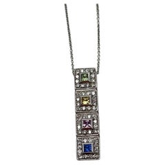 Quadratische Form Multi Color Saphir Diamant Halo 14K Weißgold Anhänger Halskette