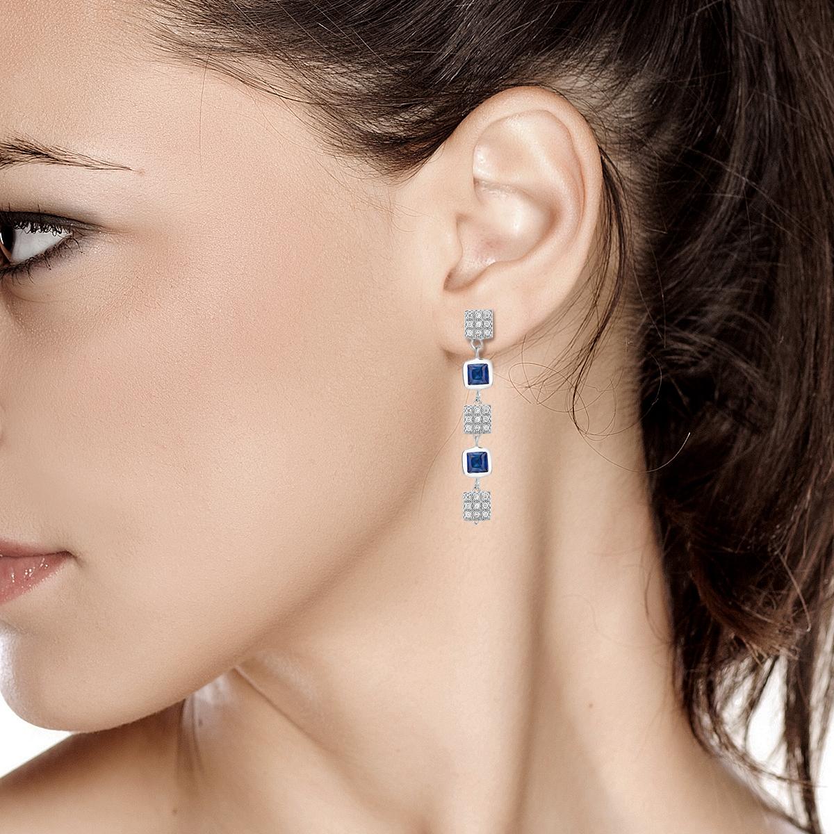 Princess Cut Bezel Shaped Square Sapphire and Square Diamond Discs Drop Dangle Earrings 