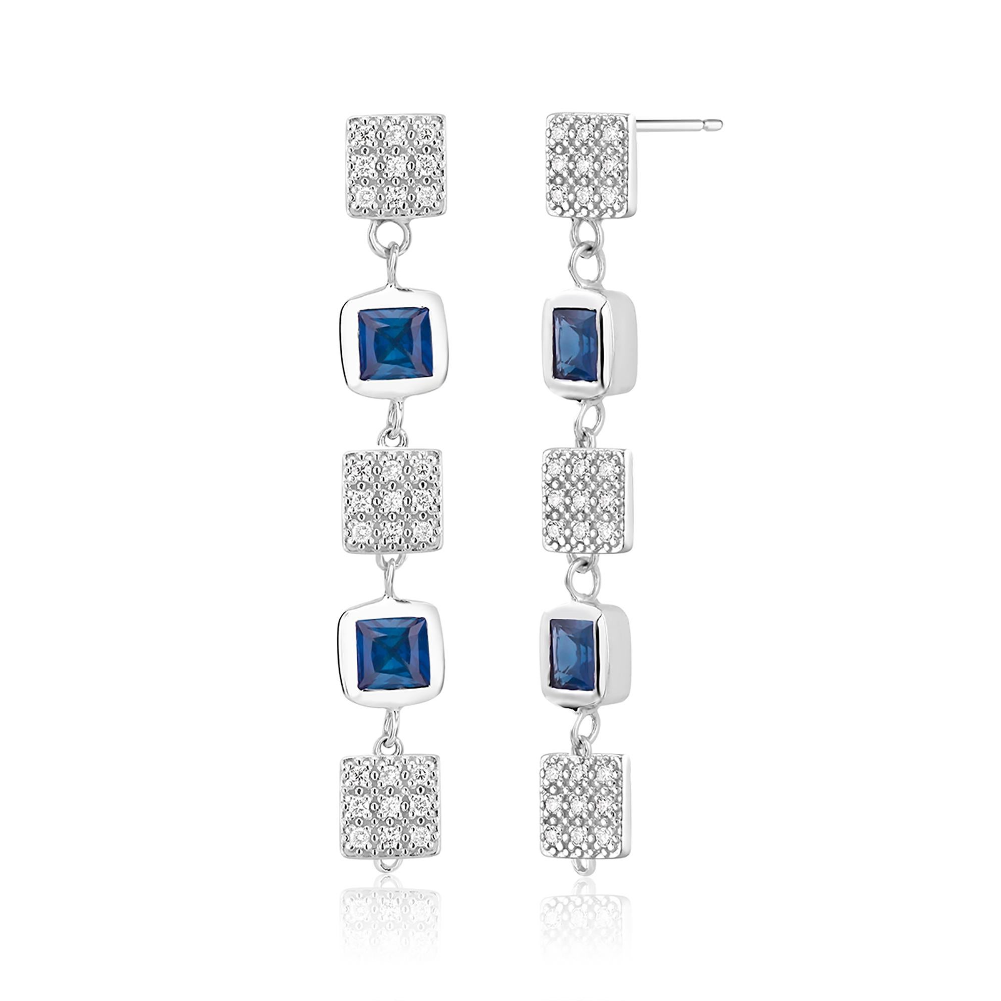 Contemporary Bezel Shaped Square Sapphire and Square Diamond Discs Drop Dangle Earrings 