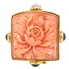 Square-Shaped Coral with Flower Carving Brooch