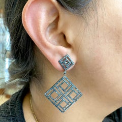 Square Shaped Dangle Earring with Pave Diamonds Made in 18k Yellow Gold & Silver
