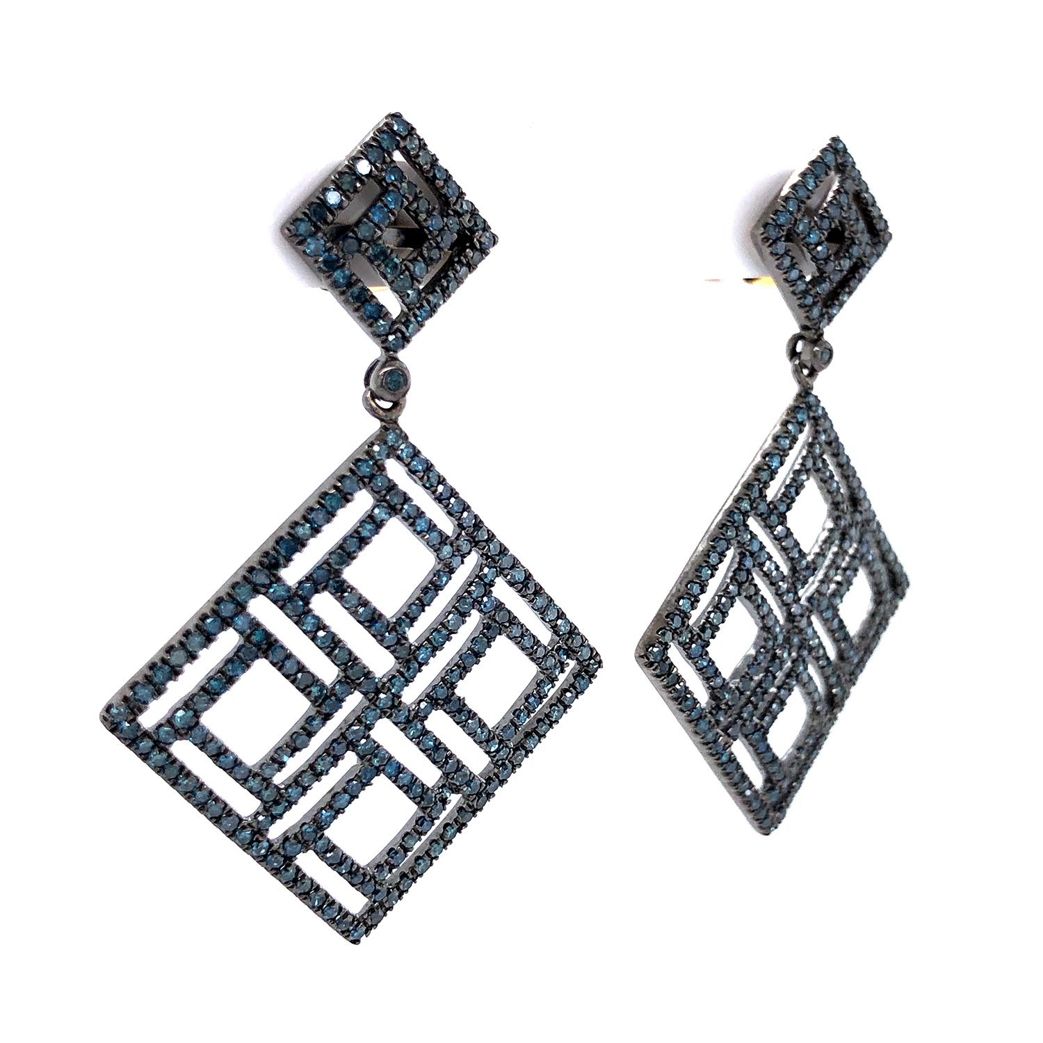 Artisan Square Shaped Dangle Earring with Pave Diamonds Made in 18k Yellow Gold & Silver For Sale