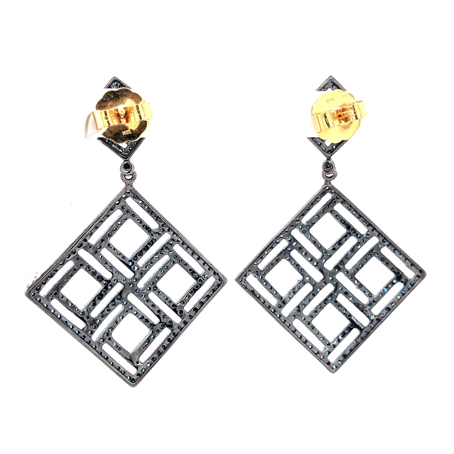 Mixed Cut Square Shaped Dangle Earring with Pave Diamonds Made in 18k Yellow Gold & Silver For Sale