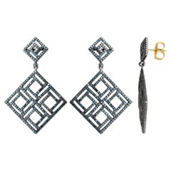 Square Shaped Dangle Earring with Pave Diamonds Made in 18k Yellow Gold & Silver