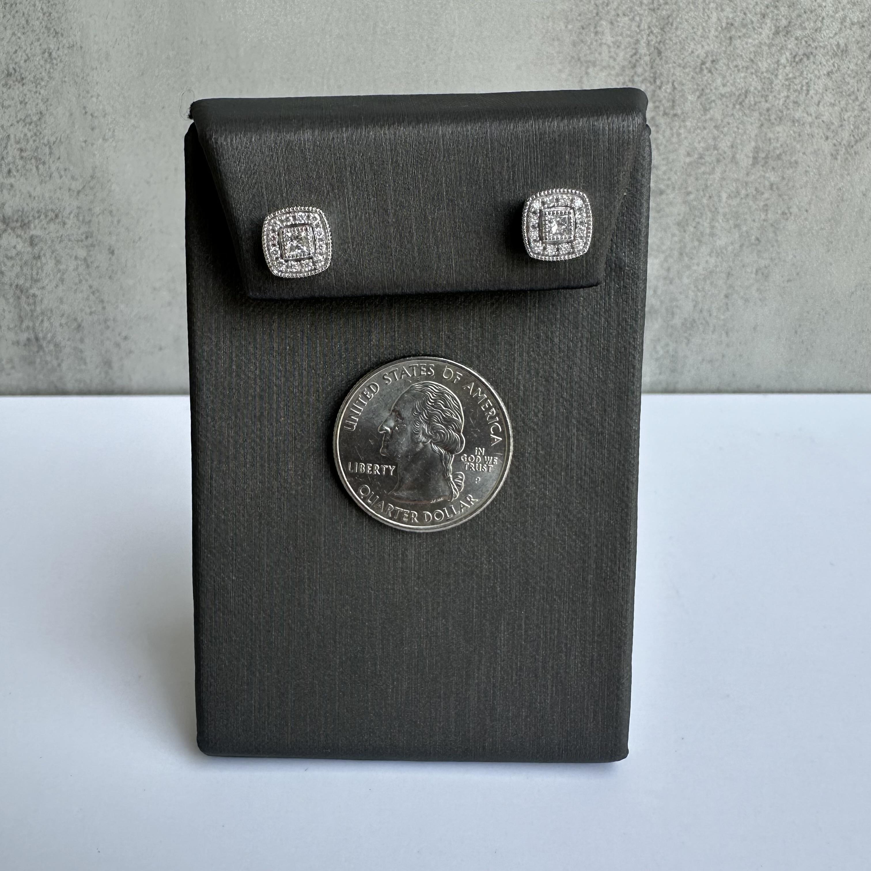 Square Shaped Diamond Halo Studs in 14kt White Gold - 0.34ctw Diamonds, New In New Condition For Sale In West Hempstead, NY