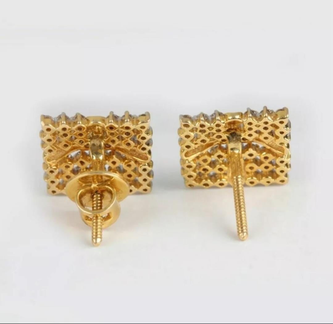 Art Deco Square Shaped Diamond Stud Earrings For Women 14K Solid Gold Handmade Earring For Sale