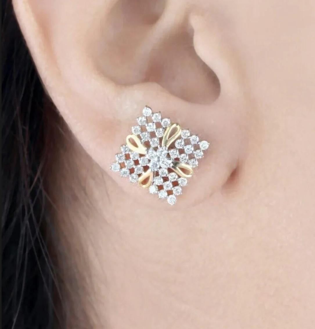 Square Shaped Diamond Stud Earrings For Women 14K Solid Gold Handmade Earring For Sale 1