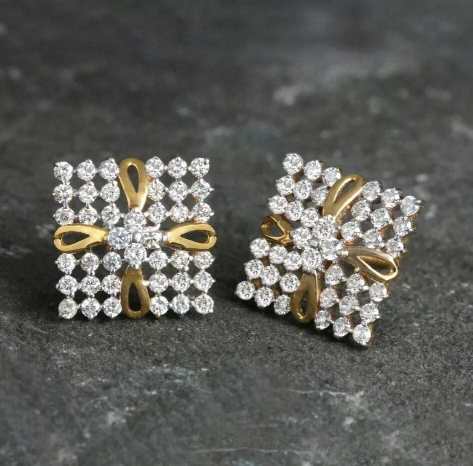 Round Cut Square Shaped Diamond Stud Earrings for Women 14K Solid Gold Handmade For Sale