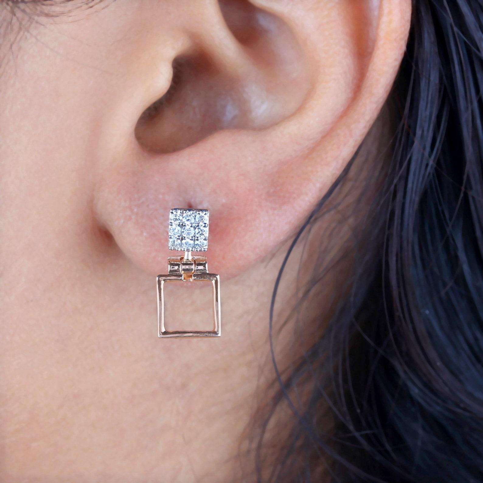 Orecchini con diamanti quadrati in oro giallo 14k Nature Pave Diamond Earring per lei in vendita 5
