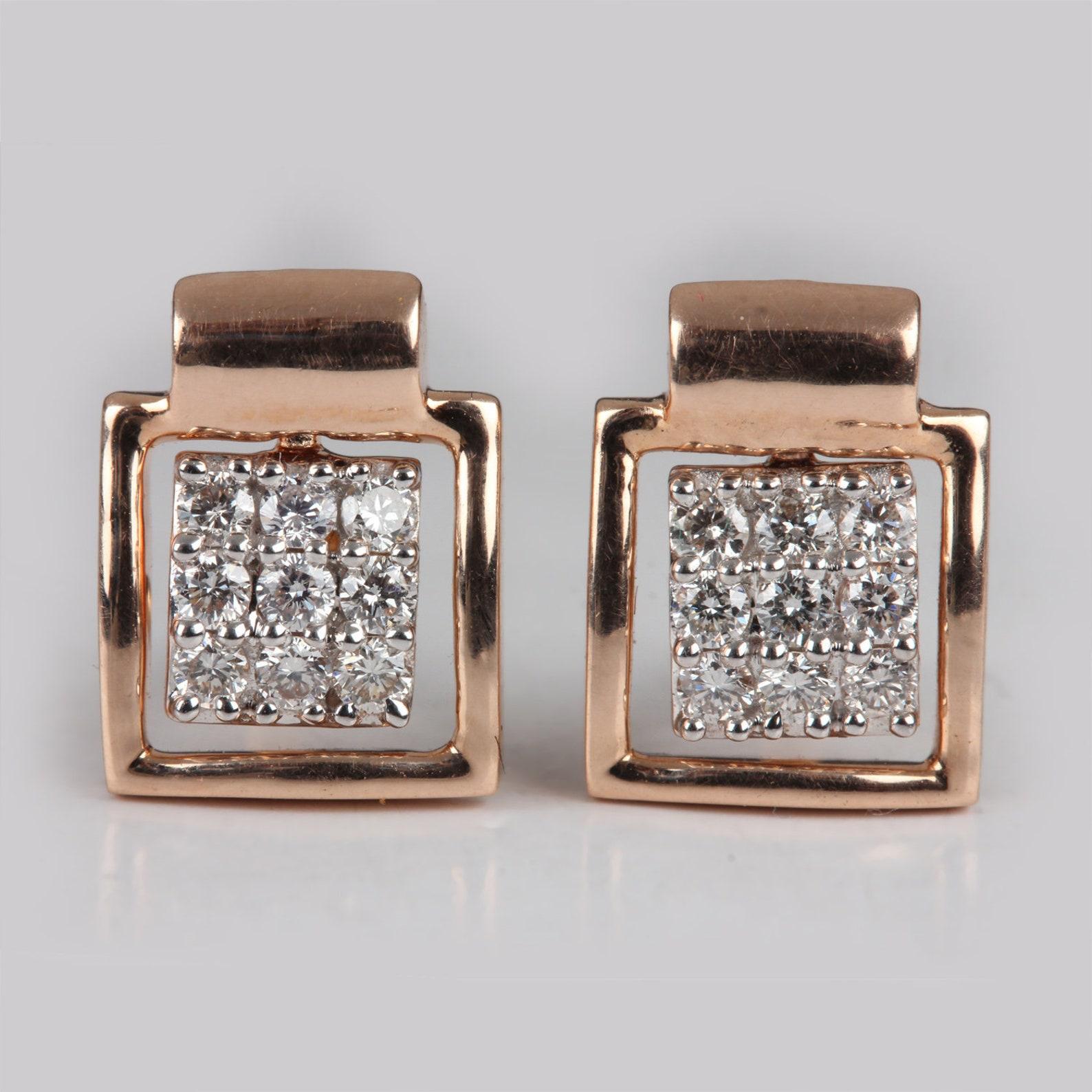Orecchini con diamanti quadrati in oro giallo 14k Nature Pave Diamond Earring per lei in vendita 2