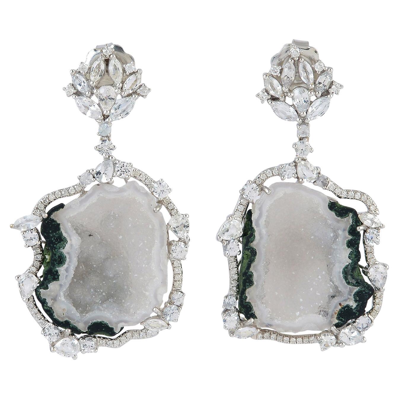 Square Shaped Geode Dangle Earring with Sapphire & Diamonds in 18k White Gold