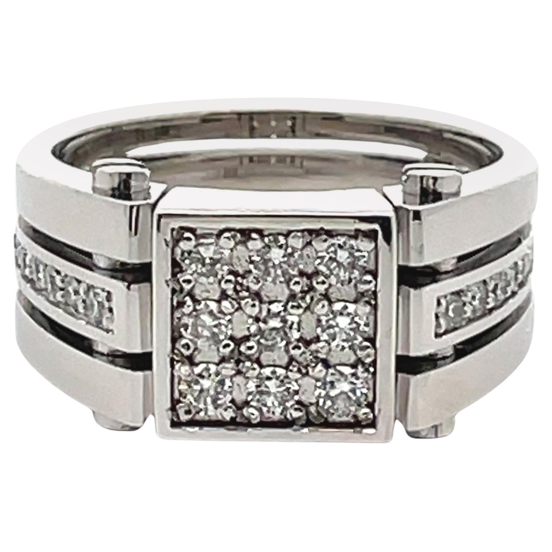 Square Shaped Men's 14K White Gold Ring with Split Shank and Round Diamonds