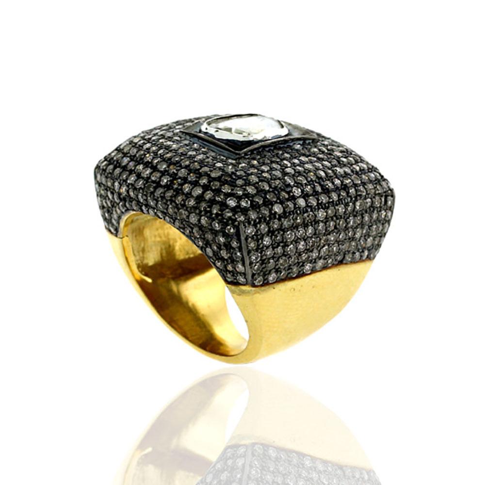 Victorian Square Shaped Ring with Center Diamond Surrounded by Micro Pave Diamonds For Sale